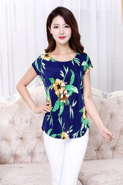 5XL Women Ladies Clothing Tops short Sleeve printing Shirts Casual Boat anchor Blouse Silk female woman clothes plus size