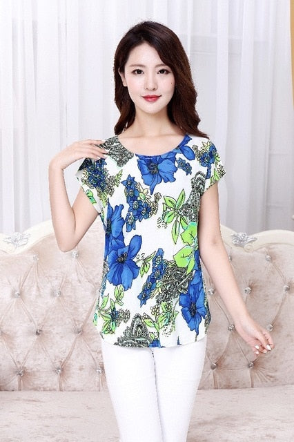 5XL Women Ladies Clothing Tops short Sleeve printing Shirts Casual Boat anchor Blouse Silk female woman clothes plus size