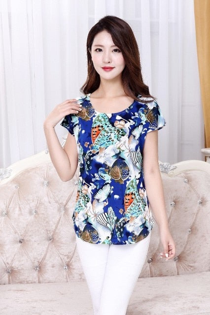 5XL Women Ladies Clothing Tops short Sleeve printing Shirts Casual Boat anchor Blouse Silk female woman clothes plus size