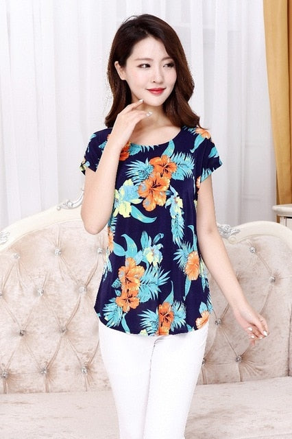 5XL Women Ladies Clothing Tops short Sleeve printing Shirts Casual Boat anchor Blouse Silk female woman clothes plus size