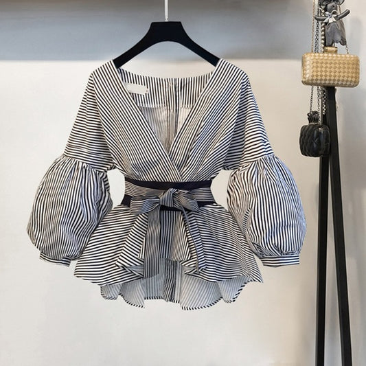 Lantern Sleeve Blouse Shirt Women  Fashion Korean Style Summer Bow V-neck Striped Shirt Elegant Ladies Tops Female Clothing