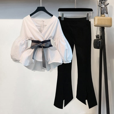 Lantern Sleeve Blouse Shirt Women  Fashion Korean Style Summer Bow V-neck Striped Shirt Elegant Ladies Tops Female Clothing