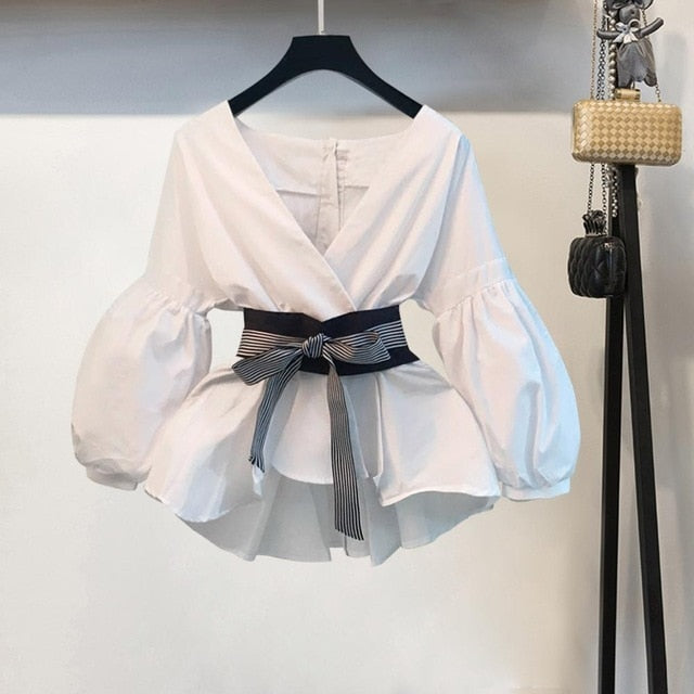 Lantern Sleeve Blouse Shirt Women  Fashion Korean Style Summer Bow V-neck Striped Shirt Elegant Ladies Tops Female Clothing