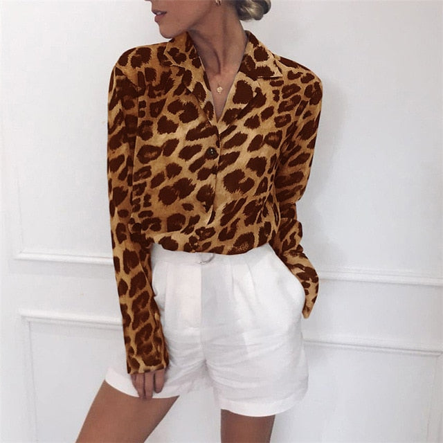 Aachoae Vintage Blouse Long Sleeve Leopard Print Blouse Turn Down Collar Office Shirt Tunic Casual Loose Tops Plus Size Blusas