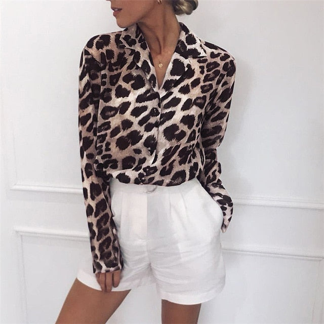 Aachoae Vintage Blouse Long Sleeve Leopard Print Blouse Turn Down Collar Office Shirt Tunic Casual Loose Tops Plus Size Blusas