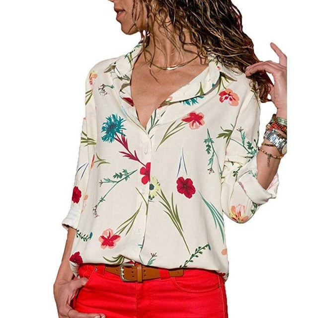 New Fashion Print Women Blouses Long Sleeve Turn-down Collar Chiffon Blouse Shirt Casual Tops Plus Size Elegant Work Shirt