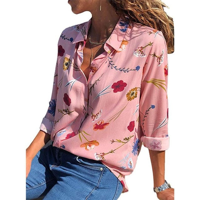 New Fashion Print Women Blouses Long Sleeve Turn-down Collar Chiffon Blouse Shirt Casual Tops Plus Size Elegant Work Shirt