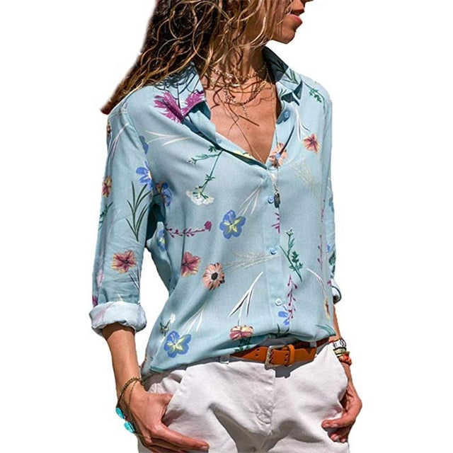 New Fashion Print Women Blouses Long Sleeve Turn-down Collar Chiffon Blouse Shirt Casual Tops Plus Size Elegant Work Shirt