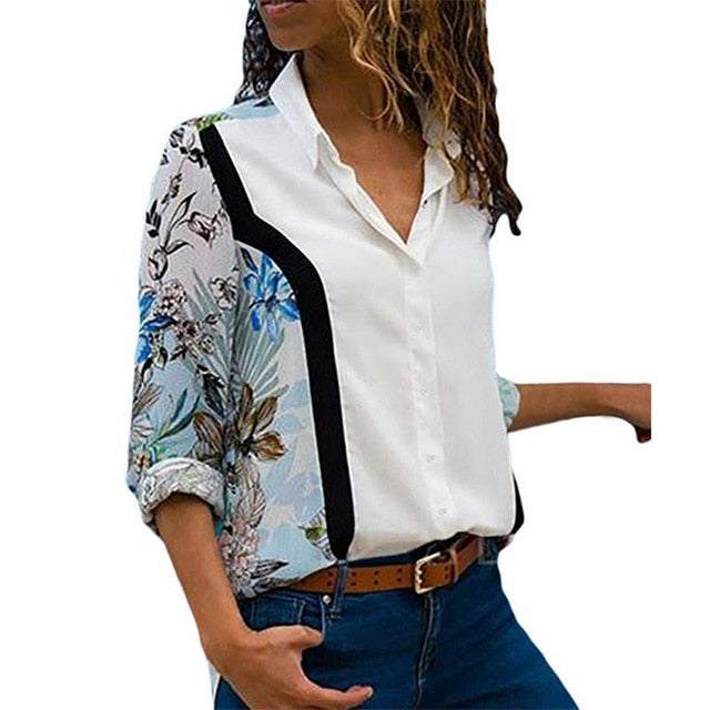 New Fashion Print Women Blouses Long Sleeve Turn-down Collar Chiffon Blouse Shirt Casual Tops Plus Size Elegant Work Shirt