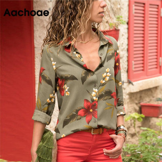 Aachoae Womens Tops and Blouses Summer Floral Print Blouse Long Sleeve Turn Down Collar Office Shirt Blusas Mujer Plus Size