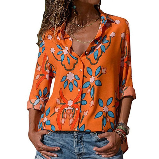 Aachoae Womens Tops and Blouses Summer Floral Print Blouse Long Sleeve Turn Down Collar Office Shirt Blusas Mujer Plus Size