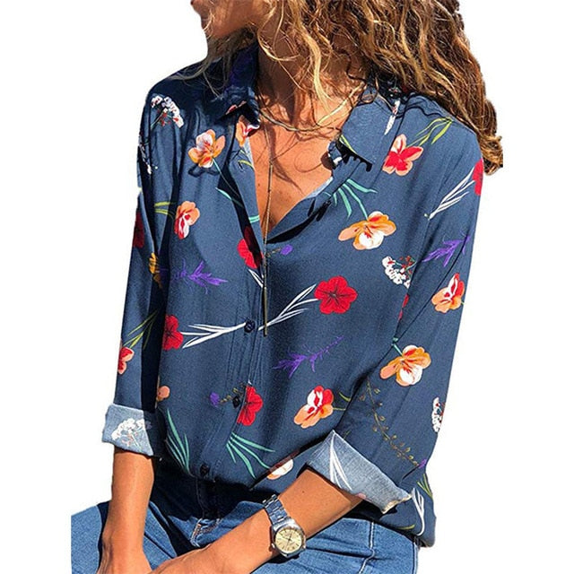 Aachoae Womens Tops and Blouses Summer Floral Print Blouse Long Sleeve Turn Down Collar Office Shirt Blusas Mujer Plus Size