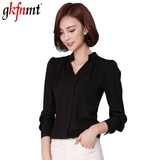 gkfnmt New Women Blouses V-Neck Office Lady OL Elegant White Tops Long Sleeve Shirt  Vetement Femme Blusas Chemise Femme