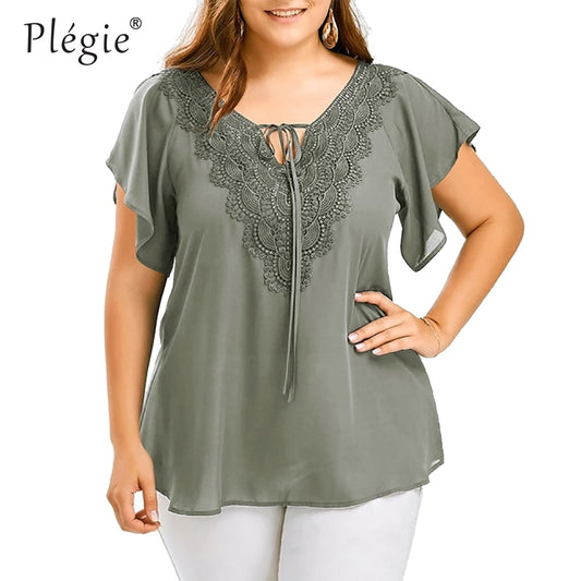 Plegie Plus Size Lace Patchwork Shirt Womens Tops And Blouses Short Sleeve Big Size Blusas Femininas Blusas Mujer De Moda