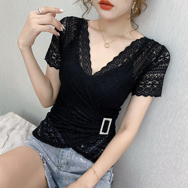 5XL Women lace tops New Arrivals Summer short sleeve v-neck women blouse shirt Sexy Hollow out lace tops plus size blusas