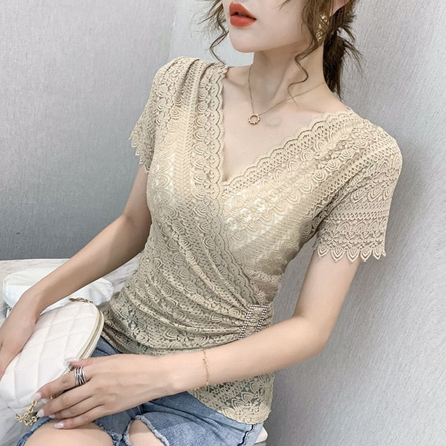 5XL Women lace tops New Arrivals Summer short sleeve v-neck women blouse shirt Sexy Hollow out lace tops plus size blusas