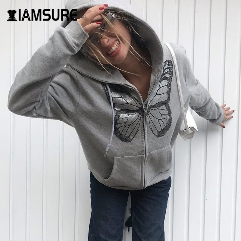 Butterfly Pattern Zipper Up Casual Loose Hoodies Autumn