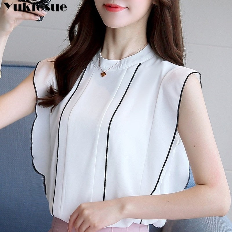 New fashion Summer Ladies White Women Sleeveless Chiffon ruffles shirt blouse solid elegant casual Women Clothing top p