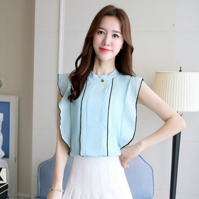 New fashion Summer Ladies White Women Sleeveless Chiffon ruffles shirt blouse solid elegant casual Women Clothing top p