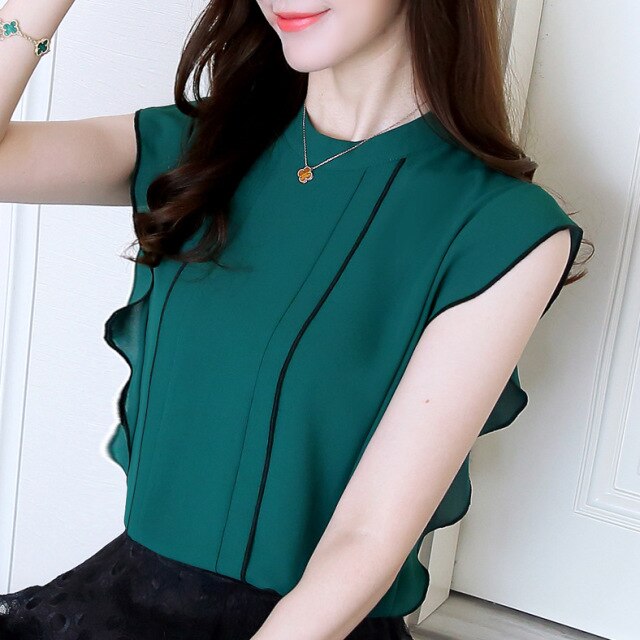 New fashion Summer Ladies White Women Sleeveless Chiffon ruffles shirt blouse solid elegant casual Women Clothing top p