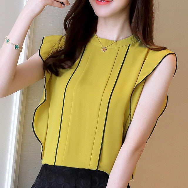 New fashion Summer Ladies White Women Sleeveless Chiffon ruffles shirt blouse solid elegant casual Women Clothing top p