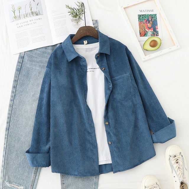 Corduroy Shirts Women Blouses Outwear Tunic Lady Tops And Blouses Long Sleeve Female Clothing Button Up Down Loose White Blue