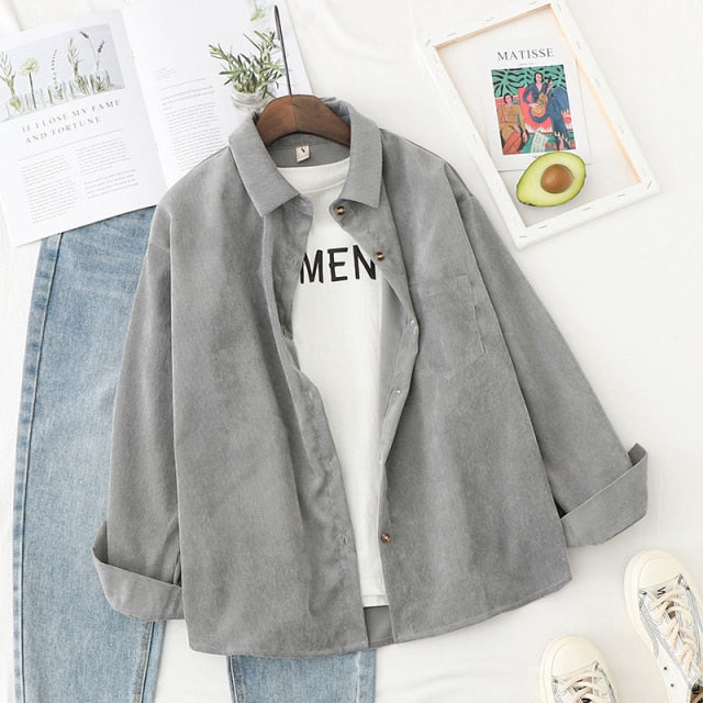 Corduroy Shirts Women Blouses Outwear Tunic Lady Tops And Blouses Long Sleeve Female Clothing Button Up Down Loose White Blue