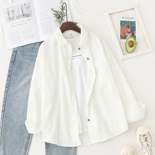 Corduroy Shirts Women Blouses Outwear Tunic Lady Tops And Blouses Long Sleeve Female Clothing Button Up Down Loose White Blue