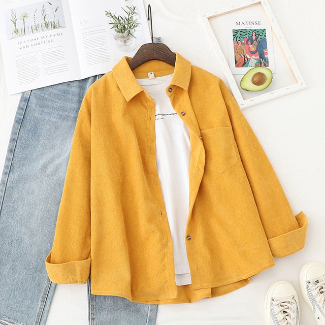 Corduroy Shirts Women Blouses Outwear Tunic Lady Tops And Blouses Long Sleeve Female Clothing Button Up Down Loose White Blue