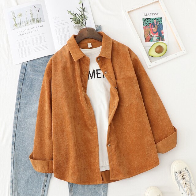 Corduroy Shirts Women Blouses Outwear Tunic Lady Tops And Blouses Long Sleeve Female Clothing Button Up Down Loose White Blue