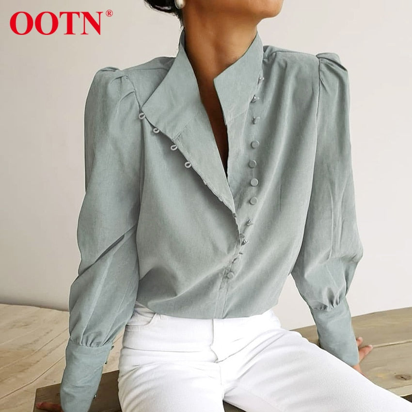 OOTN Elegant Turtleneck Blouse Long Sleeve White Shirt Office Ladies Top Casual Solid Single-Breasted Puff Sleeve Womens Blouses