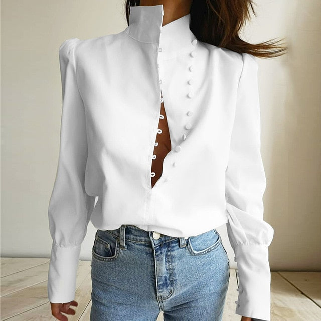 OOTN Elegant Turtleneck Blouse Long Sleeve White Shirt Office Ladies Top Casual Solid Single-Breasted Puff Sleeve Womens Blouses