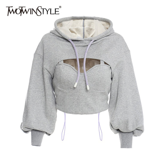 TWOTWINSTYLE Hollow Out Gray Sweatshirt For Women Hooded Collar Long Sleeve Fake Two Casual Short Tops Female  Fashion Fall