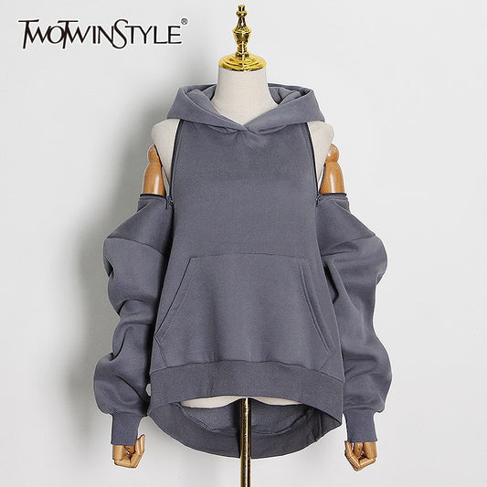 TWOTWINSTYLE Casual Solid Sweatshirt For Women Hooded Collar Long Sleeve Hollow Out Minimalist Sweatshirts Female Fashion Fall