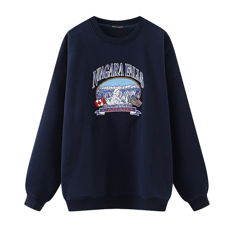 Oversize Girls Waterfall Embroidery Sweatshirts Fashion Ladies