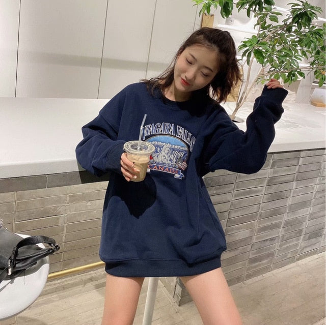 Oversize Girls Waterfall Embroidery Sweatshirts Fashion Ladies