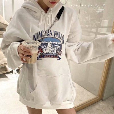 Oversize Girls Waterfall Embroidery Sweatshirts Fashion Ladies