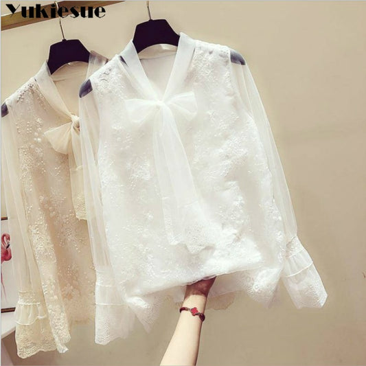 summer lace Transparent long sleeve women's shirt blouse women blusas womens tops and blouses chiffon shirts  plus size