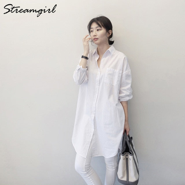 Streamgirl Women's Tunic White Shirt Oversize Woman Loose Long Sleeve Boyfriend Korean Clothes Women Office Blouse Shirt White