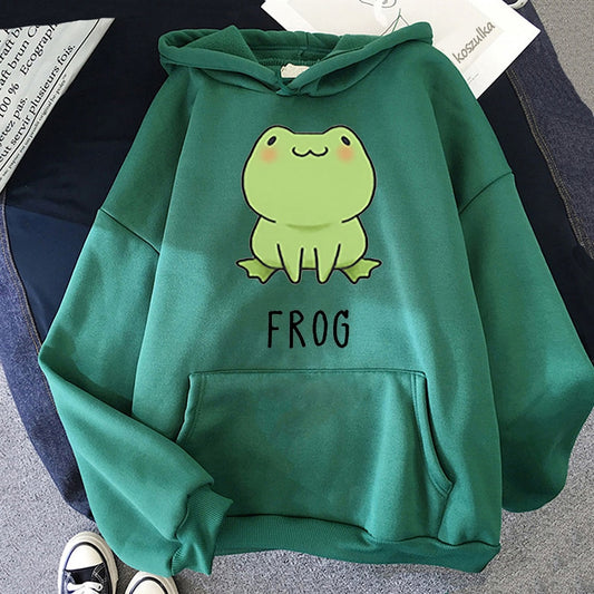 Kawaii frog hoodie print cartoon oversized sweatshirt with hood