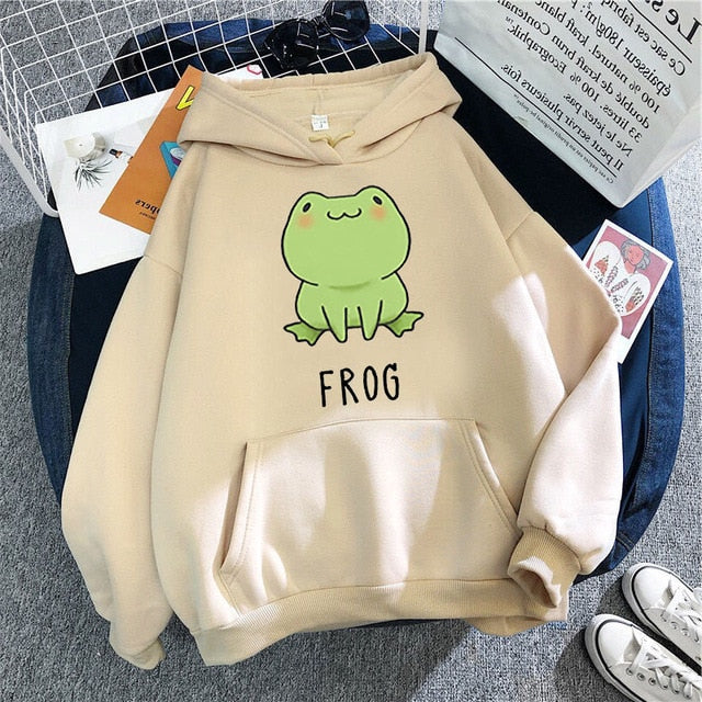 Kawaii frog hoodie print cartoon oversized sweatshirt with hood