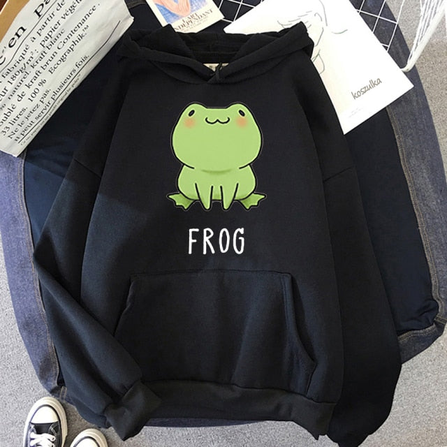 Kawaii frog hoodie print cartoon oversized sweatshirt with hood