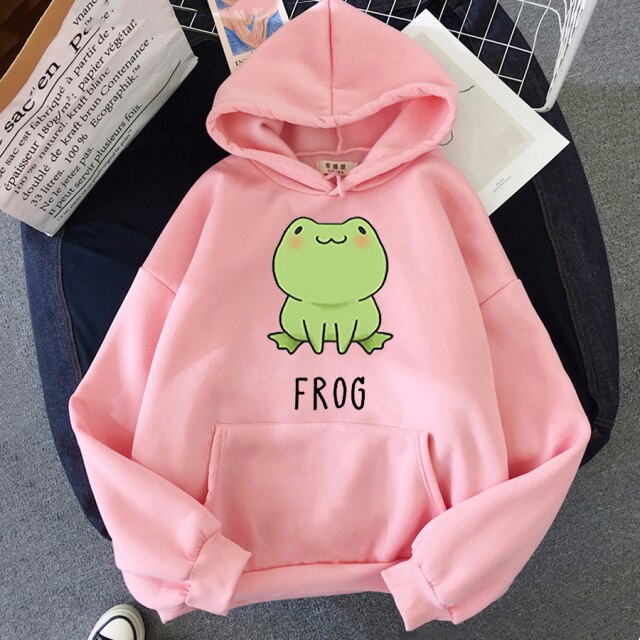 Kawaii frog hoodie print cartoon oversized sweatshirt with hood