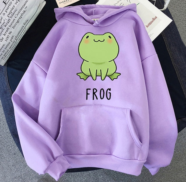 Kawaii frog hoodie print cartoon oversized sweatshirt with hood