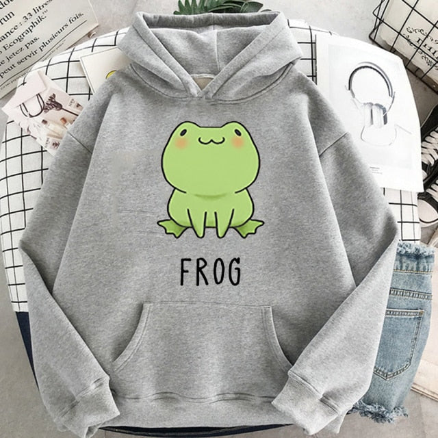 Kawaii frog hoodie print cartoon oversized sweatshirt with hood