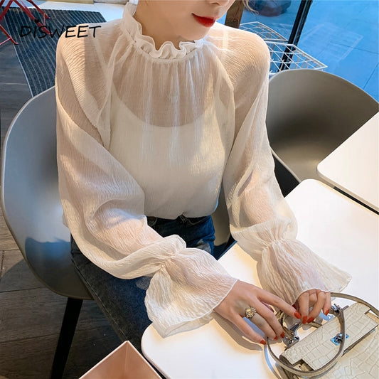 Korean Loose Bell Sleeve Chiffon Shirt Woman Simple Transparent Slim Ladies Shirt Ladies Casual Wrinkled Solid Blouses Women