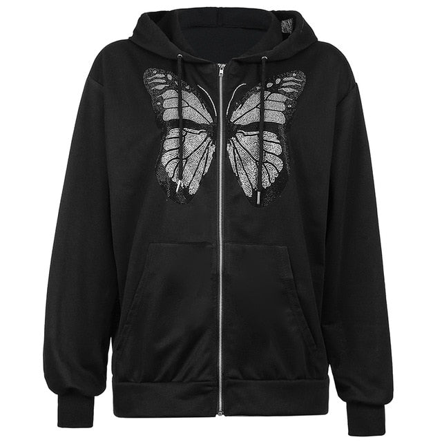 Butterfly Pattern Zipper Up Casual Loose Hoodies Autumn