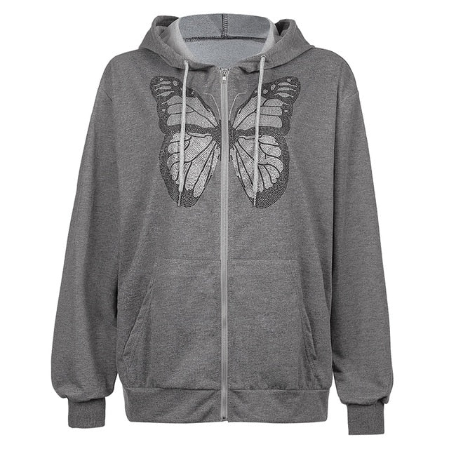 Butterfly Pattern Zipper Up Casual Loose Hoodies Autumn