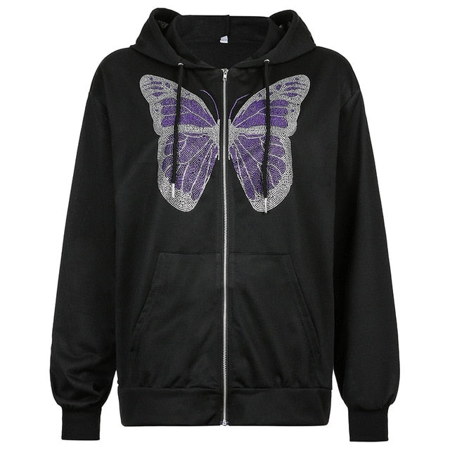 Butterfly Pattern Zipper Up Casual Loose Hoodies Autumn