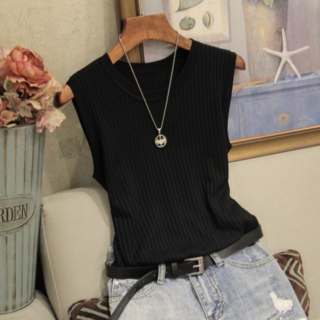 Fashion Woman Blouse Summer Sleeveless Blouse Women O-neck Knitted Blouse Shirt Women Clothes Womens Tops And Blouses C853